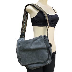 Overland Crossbody Messenger Bag Faded Black Denim Wide Aztec Strap Pocket Flap